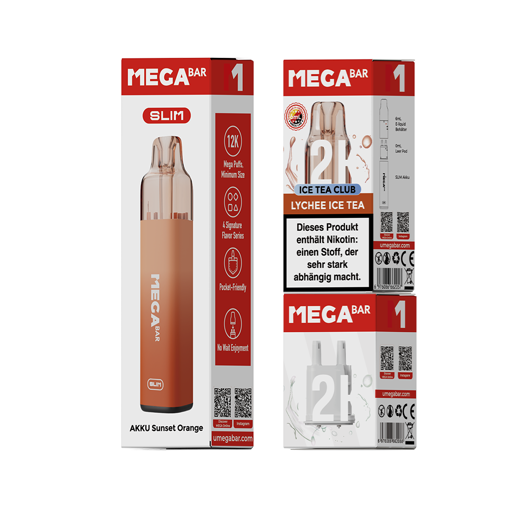 MEGABAR SLIM 12K Starter Kit Lychee Ice Tea - Akku Sunset Orange