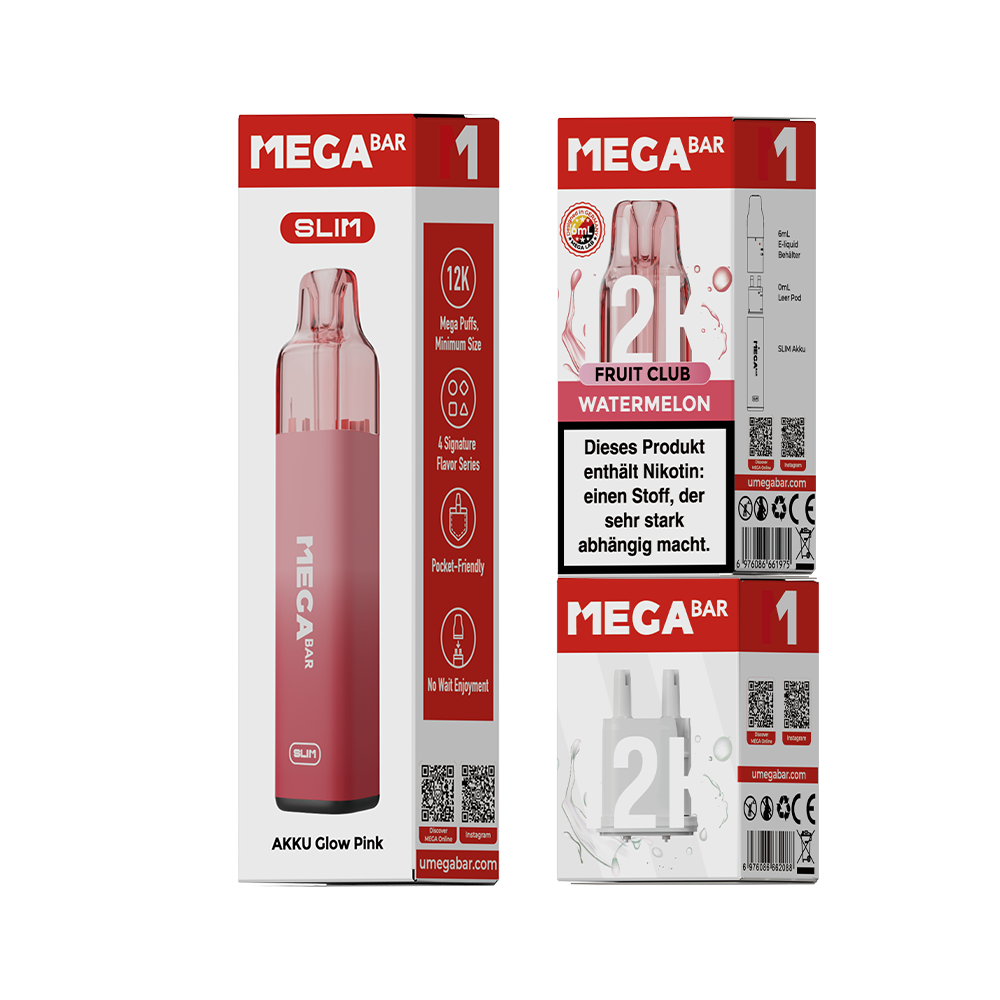 MEGABAR SLIM 12K Starter Kit Watermelon - Akku Glow Pink