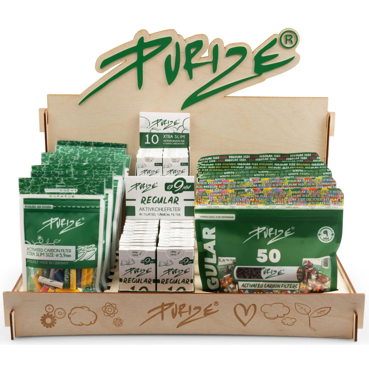 PURIZE® Holz-Display S bestückt mit Aktivkohlefiltern und Papers