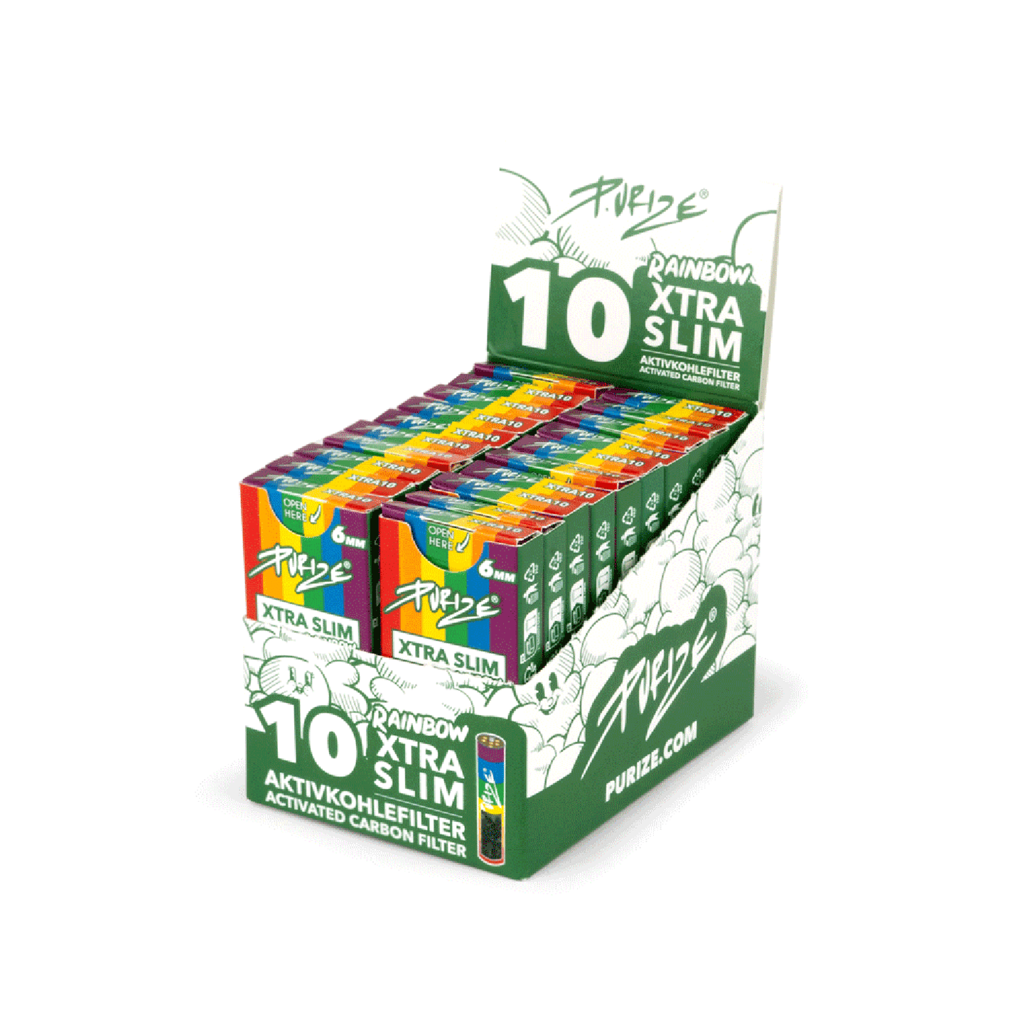 PURIZE® XTRA Slim Size Aktivkohlefilter 10er Rainbow 20x
